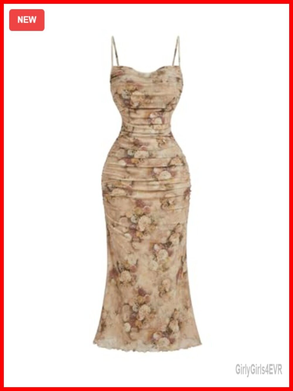 Women's Floral Bodycon Midi Dress Spaghetti Straps Ruched Summer Cocktail Party